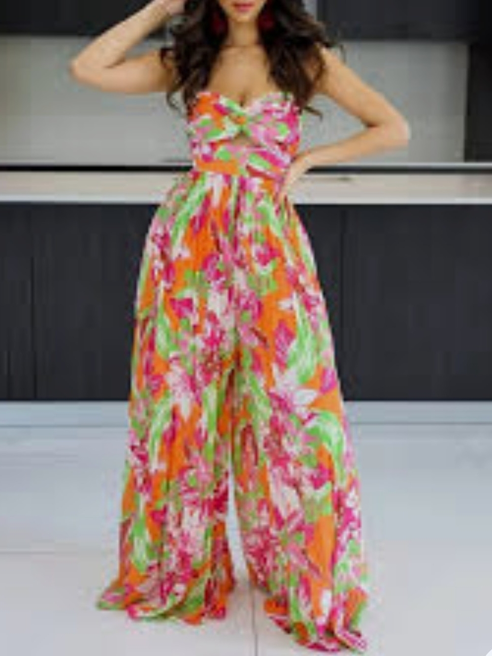 Fashion Nova Strapless Wide-Leg Jumpsuit in Pink & Orange Floral - Picture 5 of 5